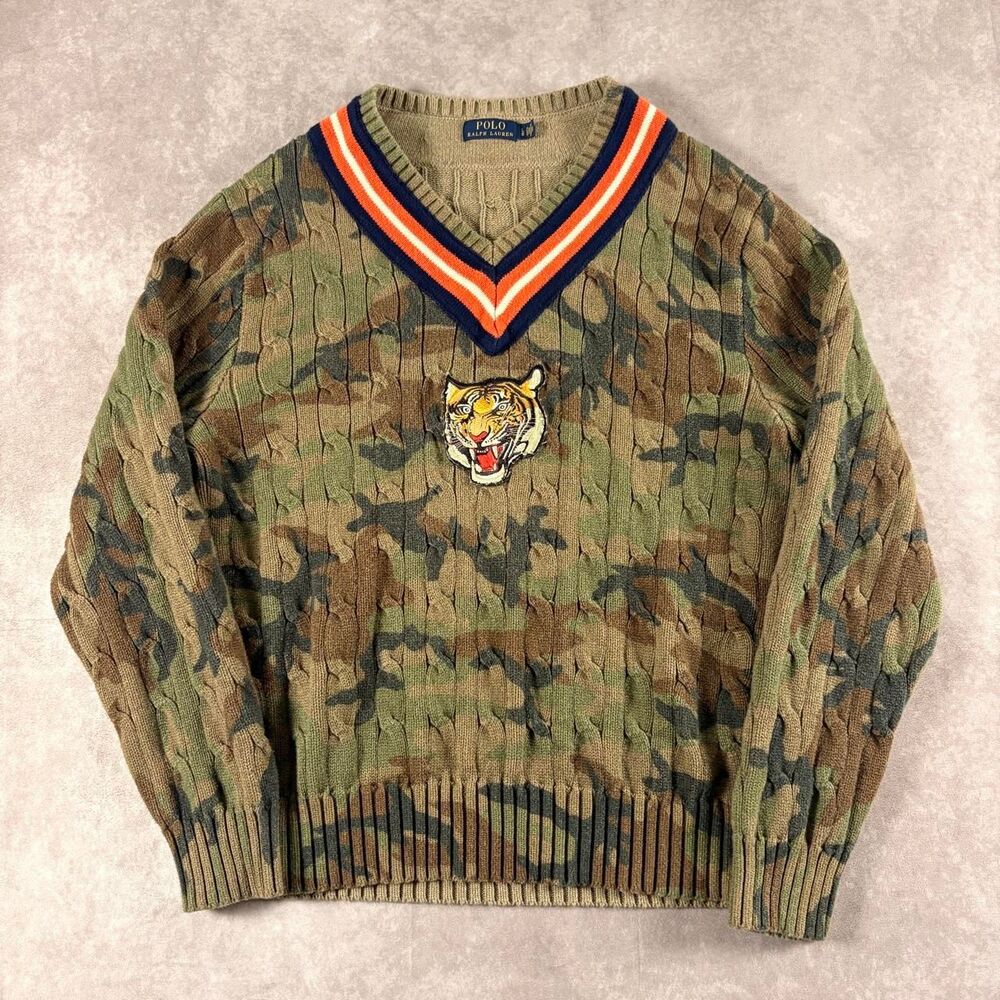 vintage polo ralph lauren camo varsity cable knit sweater - Picture 1 of 7